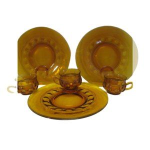 Vintage Indiana Glass Amber Kings Thumbprint/Kings Crown 3 Snack Plate & CupSets